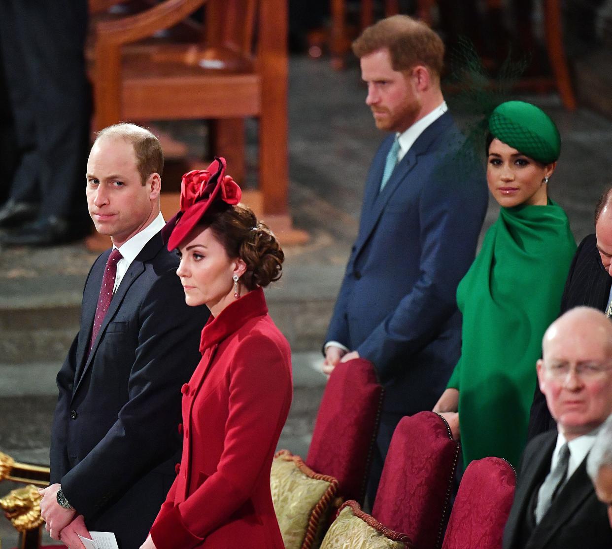 Britain's Prince Harry, Duke of Sussex, (2nd R) and Britain's Meghan, Duchess of Sussex (R) sit behind Britain's Prince William (L), Duke of Cambridge and Britain's Catherine, Duchess of Cambridge (2nd L) inside Westminster Abbey as they attend the annual Commonwealth Service in London on March 9, 2020. - Britain's Queen Elizabeth II has been the Head of the Commonwealth throughout her reign. Organised by the Royal Commonwealth Society, the Service is the largest annual inter-faith gathering in the United Kingdom. (Photo by Phil HARRIS / POOL / AFP) (Photo by PHIL HARRIS/POOL/AFP via Getty Images)
