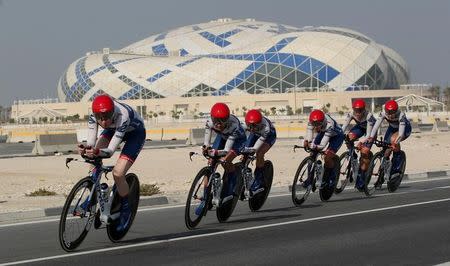 Cyclists from Cervelo Bigla Pro Cycling Team compete in Women's Team Time Trial in the UCI Road World Championships 2016, in Doha, Qatar October 9, 2016. REUTERS/Stringer/Files