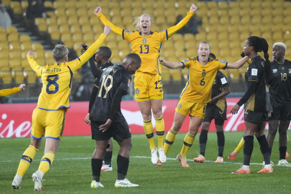 Sweden's Amanda Ilestedt reacts after scoring her team's second goal during the Women's World Cup Group G soccer match between Sweden and South Africa in Wellington, New Zealand, Sunday, July 23, 2023. (AP Photo/John Cowpland)