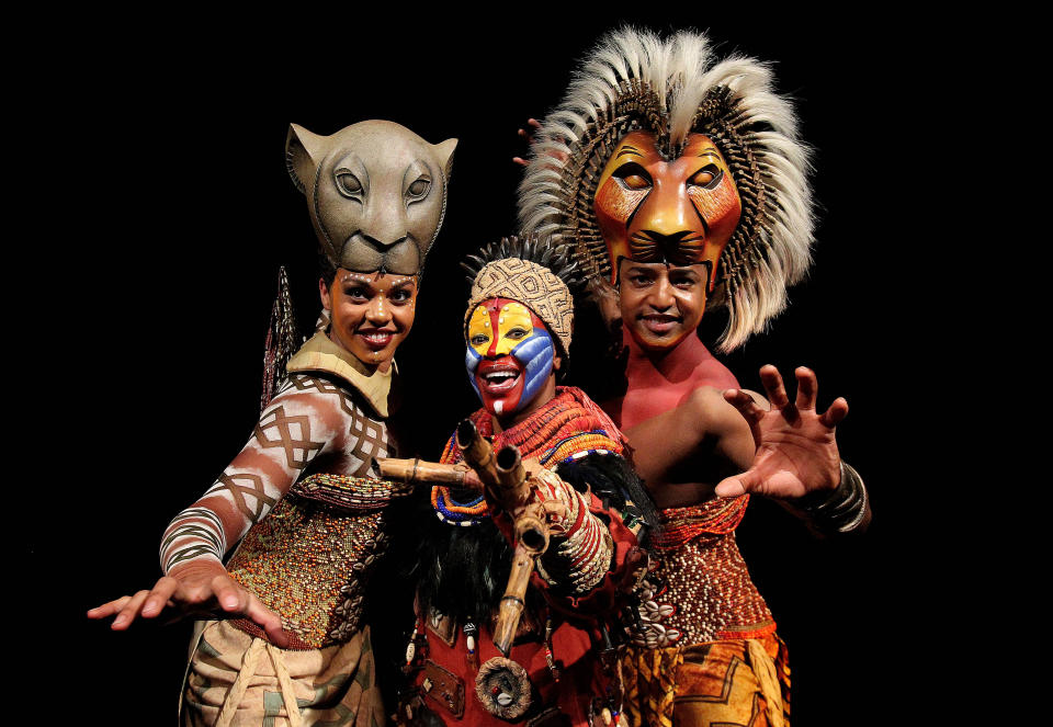 L-R Melina M'Poy (Nala) Gugwana Dlamini (Rafiki) and Johnathan Andrew Hume as (Simba) pictured at the launch of The Lion King musical at the Project arts centre in Dublin.   (Photo by Niall Carson/PA Images via Getty Images)