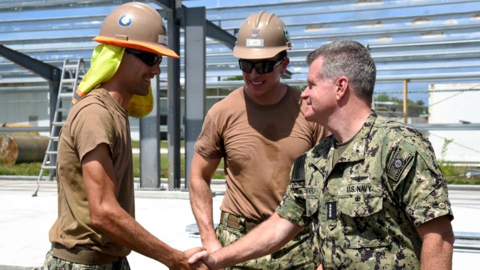 Adm. Samuel Paparo visits seabees with Naval Mobile Construction Battalion 4 in December in Diego Garcia. (Navy)