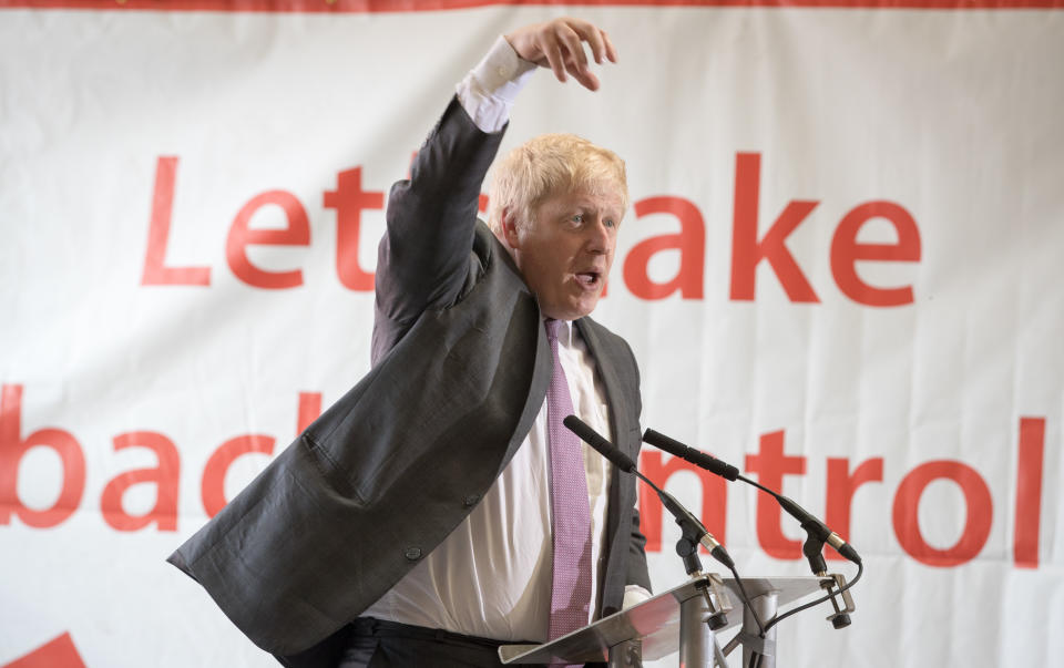 CHRISTCHURCH, DORSET - MAY 12:  Boris Johnson speaks as he visits Reidsteel, a Christchurch company backing the Leave Vote on the 23rd June 2016. on May 12, 2016 in Christchurch, Dorset. The Vote Leave battle bus has been touring the South West of England hoping to persuade voters to back a Brexit from the European Union in the Referendum  (Photo by Matt Cardy/Getty Images)