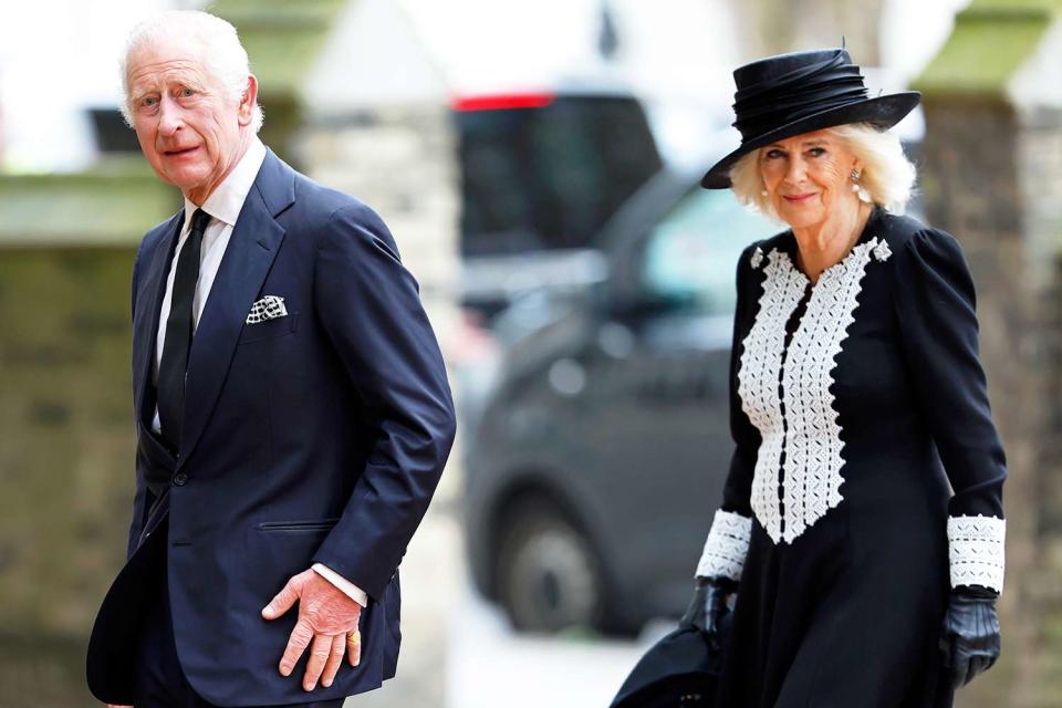 <p>Max Mumby/Indigo/Getty</p> King Charles and Queen Camilla at the memorial service for Sir Chips Keswick at St Paul