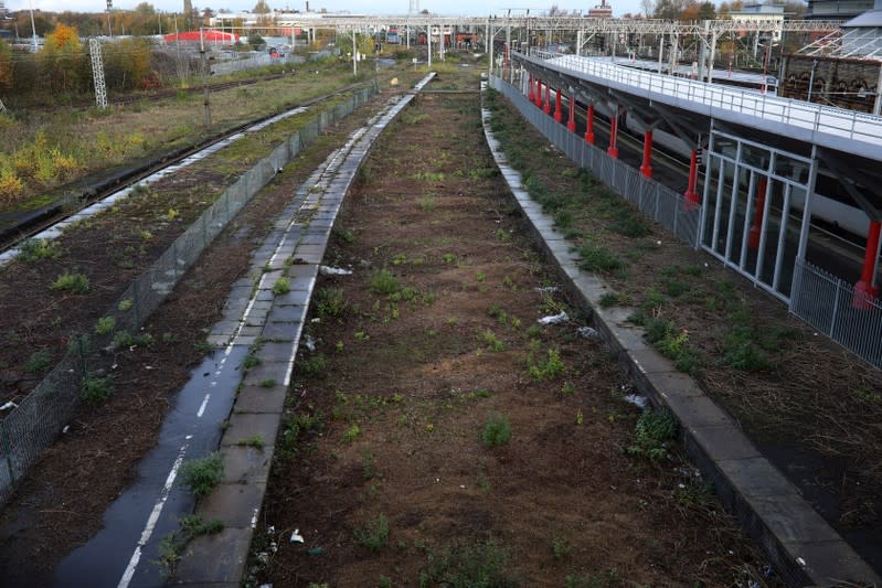 Disused section of track and platforms is seen at the railway station in Crewe