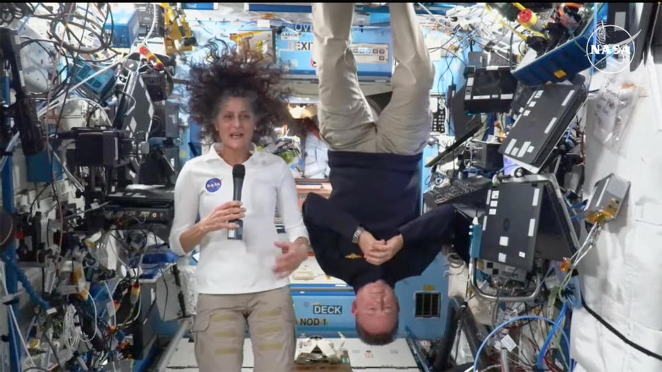 Wilmore and Williams both said they enjoy working aboard the space station, especially weightlessness. Wilmore gave an impromptu demonstration during the crew's press conference. / Credit: NASA TV