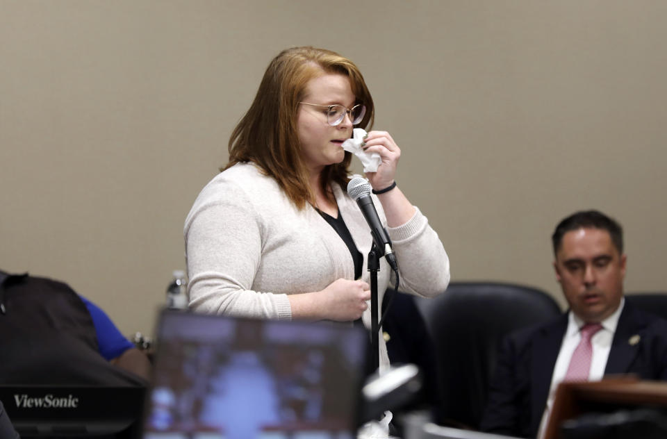 Florence County deputy Sarah Miller speaks during a sentencing hearing for Frederick Hopkins in Florence, S.C., on Thursday, Oct. 19, 2023. Hopkins was sentenced to life in prison without parole for killing two police officers and wounding five others in an October 2018 ambush at his Florence home (AP Photo/Jeffrey Collins).