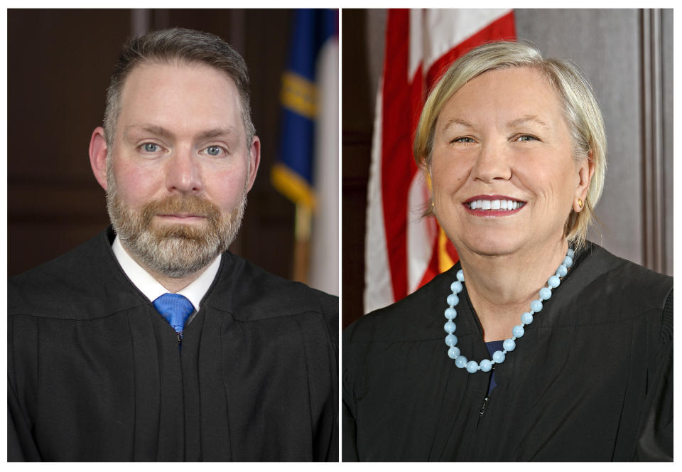 This combo of images provided by the North Carolina Court of Appeals, show Judges Richard Dietz and Lucy Inman. The stakes in elections for a pair of North Carolina Supreme Court seats this fall are super-sized, as the outcomes could flip the court's partisan makeup during a period of polarization. Court of Appeals Judges Richard Dietz and Lucy Inman are looking to be elevated to the state’s highest court to succeed retiring Associate Justice Robin Hudson. Inman is a registered Democrat, while Dietz is a Republican. (North Carolina Court of Appeals via AP)