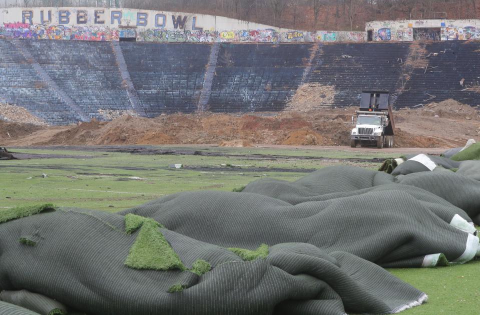 Vandals have ripped up the turf from the old football field at the Rubber Bowl in Akron.