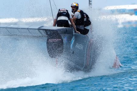 Sailing - America's Cup Finals - Hamilton, Bermuda - June 17, 2017 - Oracle Team USA helmsman Jimmy Spithill and crew compete in race two against Emirates Team New Zealand in America's Cup Finals. REUTERS/Mike Segar