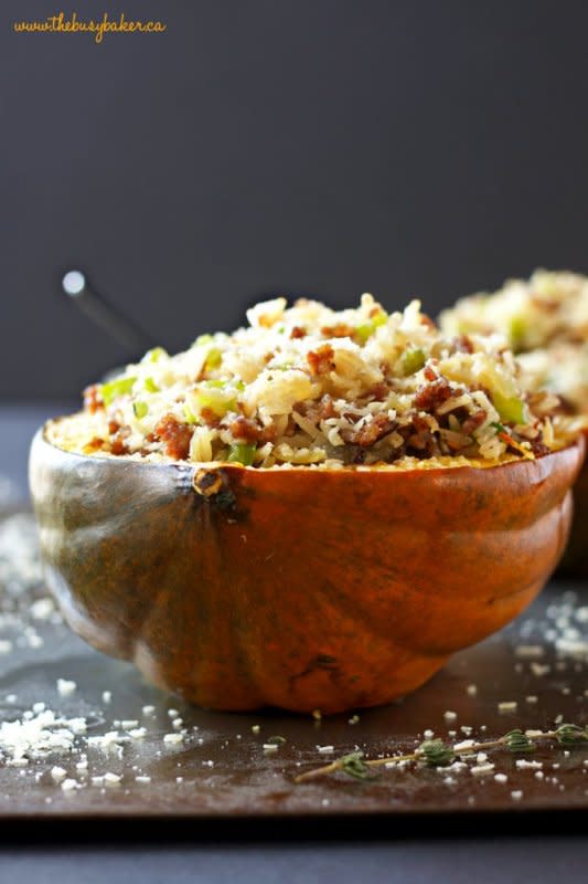 <p>The Busy Baker</p><p>This Italian sausage and brown rice stuffed acorn squash is a deliciously healthy easy weeknight meal idea made with sausage, whole grain rice and seasonal vegetables!</p><p><strong>Get the recipe: <a href="https://thebusybaker.ca/stuffed-acorn-squash/" rel="nofollow noopener" target="_blank" data-ylk="slk:Italian Sausage and Brown Rice Stuffed Acorn Squash;elm:context_link;itc:0;sec:content-canvas" class="link rapid-noclick-resp">Italian Sausage and Brown Rice Stuffed Acorn Squash</a></strong></p>