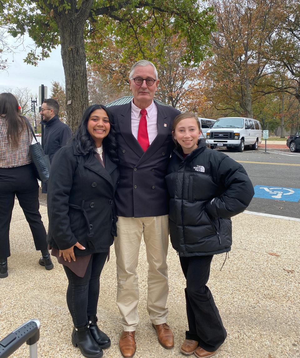 EGGER apprentices Rossana Najar (left) and Laura Brown (right) are pictured with Swiss Ambassador Jacques Pitteloud in Washington, DC. The Lexington EGGER apprentices traveled to the capital  city in November to speak with business and world leaders about the apprenticeship program they completed in Davidson County.