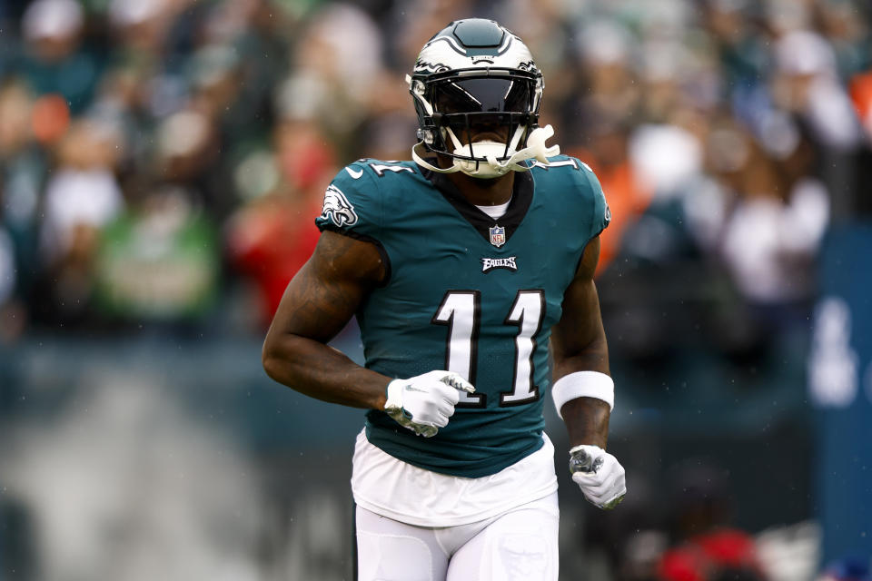 PHILADELPHIA, PA - JANUARY 29: A.J. Brown #11 of the Philadelphia Eagles runs onto the field prior to the NFC Championship NFL football game against the San Francisco 49ers at Lincoln Financial Field on January 29, 2023 in Philadelphia, Pennsylvania. (Photo by Kevin Sabitus/Getty Images)