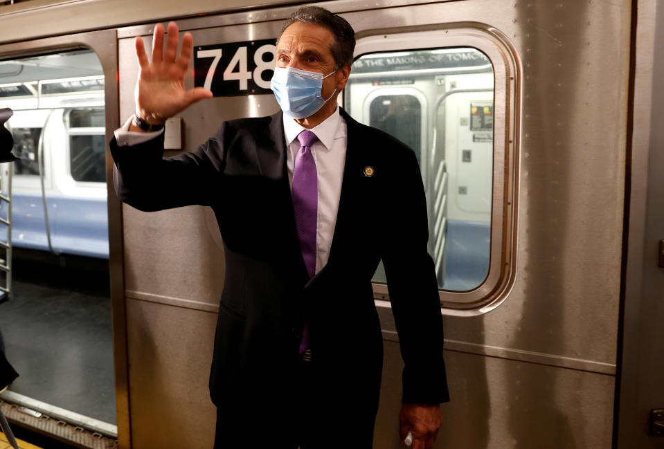 New York Governor Andrew Cuomo exits a #7 Subway train in Manhattan on the first day of New York City's phase one reopening during the outbreak of the coronavirus disease (COVID-19) in New York City, New York, U.S., June 8, 2020. REUTERS/Mike Segar     TPX IMAGES OF THE DAY