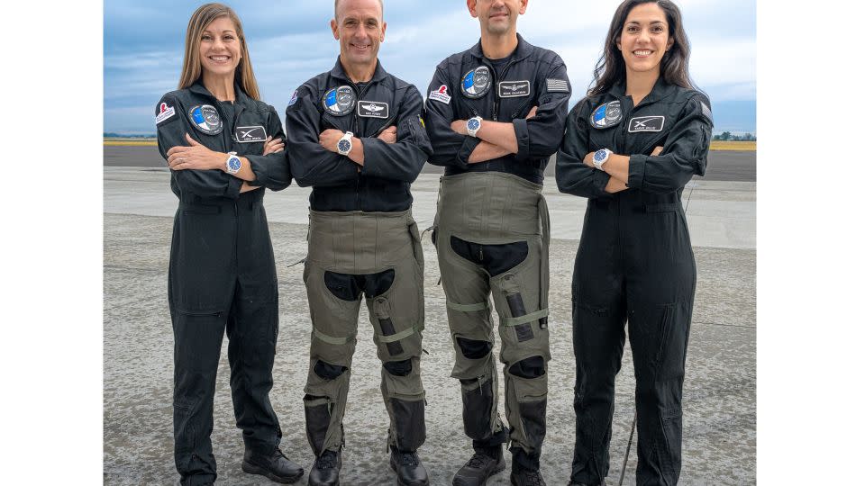 From left: Anna Menon, Scott Poteet, Jared Isaacman and Sarah Gillis pose during training for the Polaris Dawn mission. - John Kraus/Polaris Program