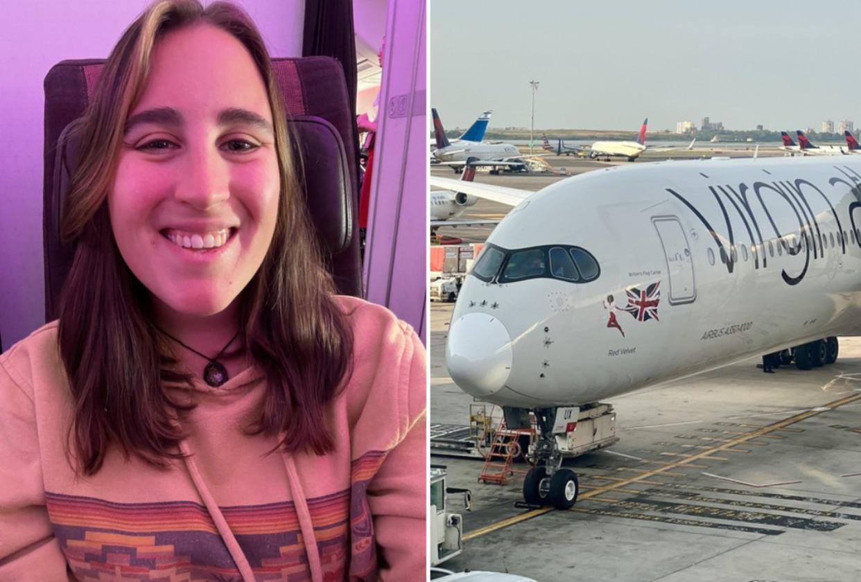 A selfie of the author in a yellow hoodie stitched with a photo of the Virgin A350 at the gate at New York-JFK.