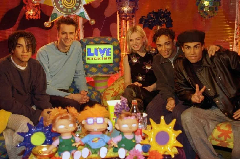 Going Live! presenters Jamie Theakston and Zoe Ball with American R&B group 3T