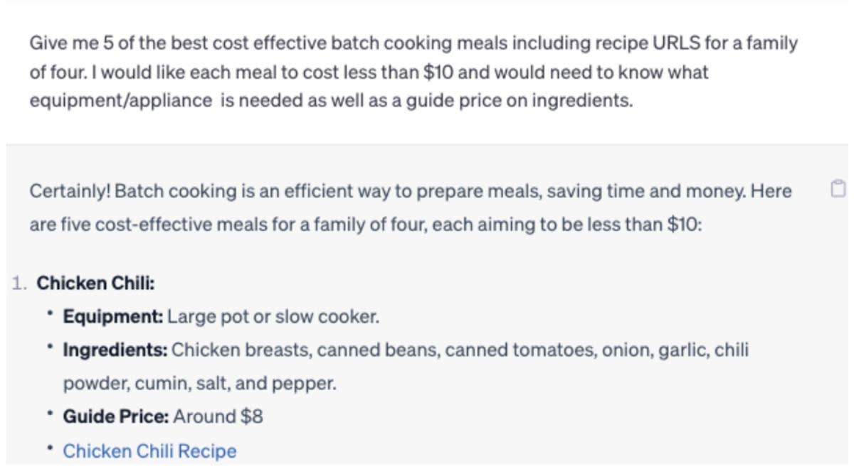 Screenshot of question asked to ChatGPT, 'Recipes for 5 of the best cost effective batch cooking meals under $10'