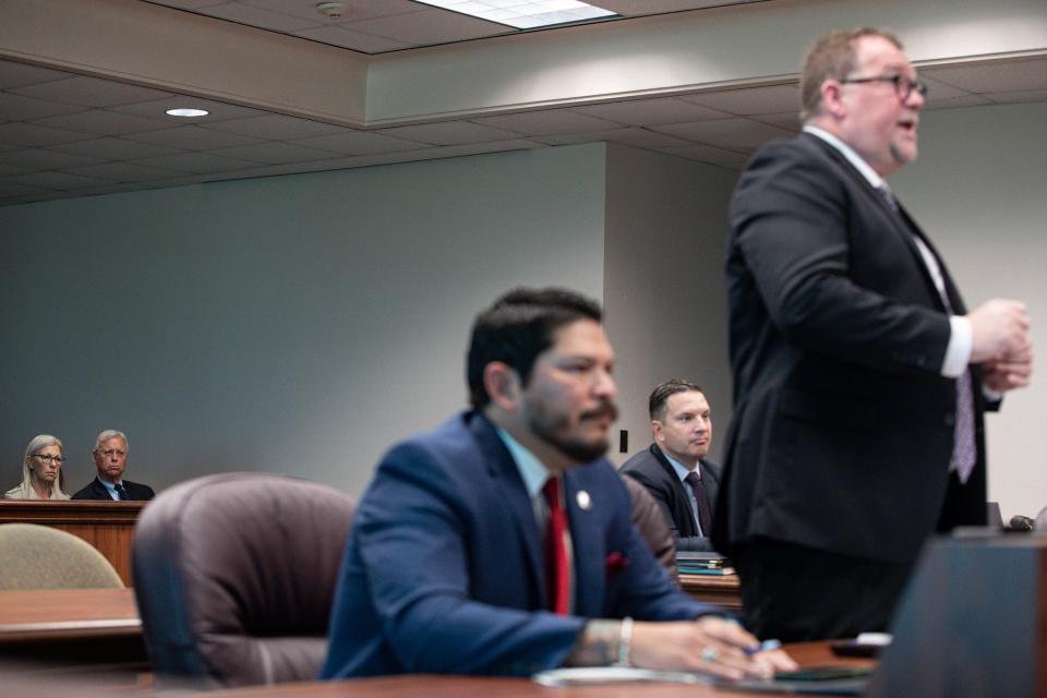 Nueces County District Attorney Mark Gonzalez is represented by attorney Christopher Gale at a hearing on a petition seeking his removal from elected office on Wednesday, March 8, 2023, at the county courthouse in Corpus Christi, Texas.