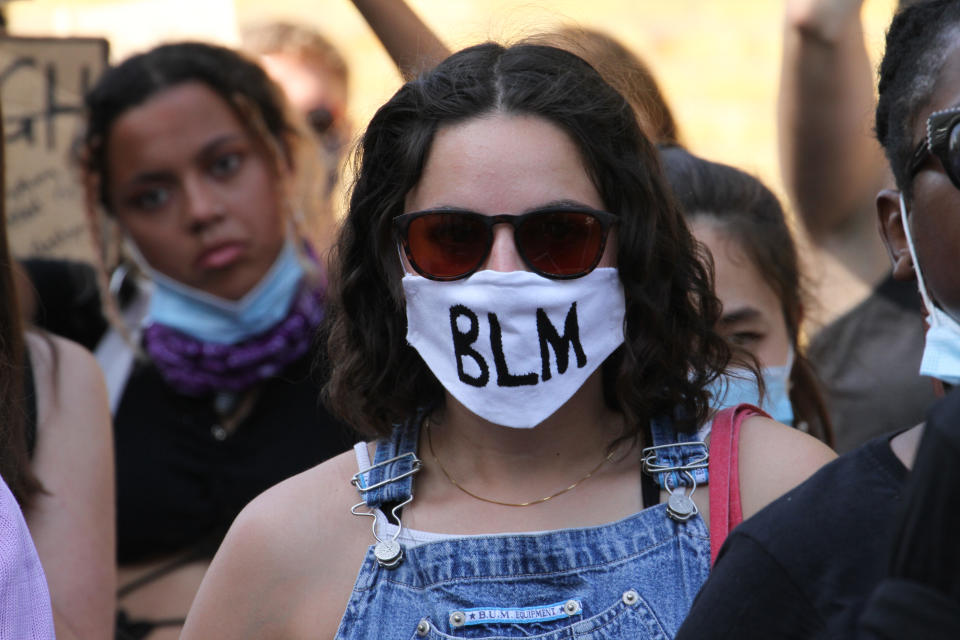  A protester wearing a BLM face mask takes part during the demonstration.
All Black Lives Matter demonstrators marched from Hyde Park to the Parliament Square. The Youth-led movement organise protests every Sunday to fight for racial equality and justice for all Black people in the UK. (Photo by David Mbiyu / SOPA Images/Sipa USA) 