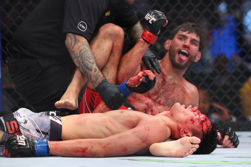 Matt Schnell (red gloves) and Sumudaerji during UFC Fight Night at UBS Arena (Ed Mulholland, USA TODAY Sports)