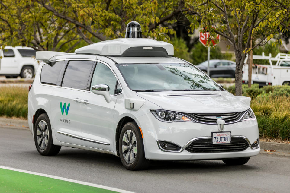 Mountain View, California, USA - November 3, 2017: .A Waymo, customized Chrysler Pacifica Hybrid, used for Google's autonomous vehicle program near the company"u2019s headquarters in Mountain View, California