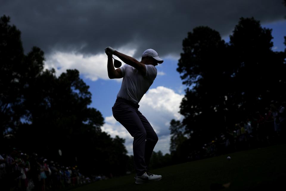 Rory McIlroy, of Northern Ireland, hits his tee shot on the ninth hole during the first round at the Masters golf tournament at Augusta National Golf Club Thursday, April 11, 2024, in Augusta, Ga. (AP Photo/Matt Slocum)