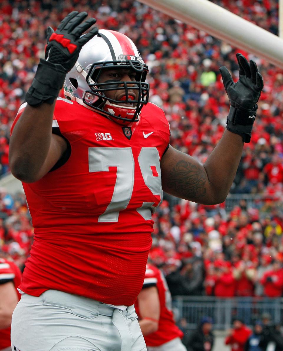 Ohio State offensive linesman Marcus Hall was not on the field for the end of the Buckeyes' 42-41 win over Michigan in 2013.