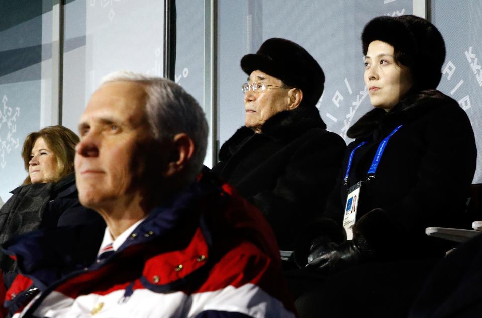 <p>Mike Pence (front) watches the opening ceremony of the Pyeongchang 2018 Winter Olympic Games with North Korea’s ceremonial head of state Kim Yong Nam (back 2nd R) and North Korea’s Kim Jong Un’s sister Kim Yo Jong (back R) at the Pyeongchang Stadium on February 9, 2018. / AFP PHOTO / POOL / Patrick Semansky </p>