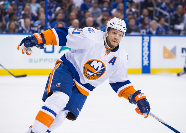 TAMPA, FL - APRIL 27: Kyle Okposo #21 of the New York Islanders skates against the Tampa Bay Lightning during Game One of the Eastern Conference Second Round in the 2016 NHL Stanley Cup Playoffs at the Amalie Arena on April 27, 2016 in Tampa, Florida. (Photo by Scott Audette/NHLI via Getty Images)