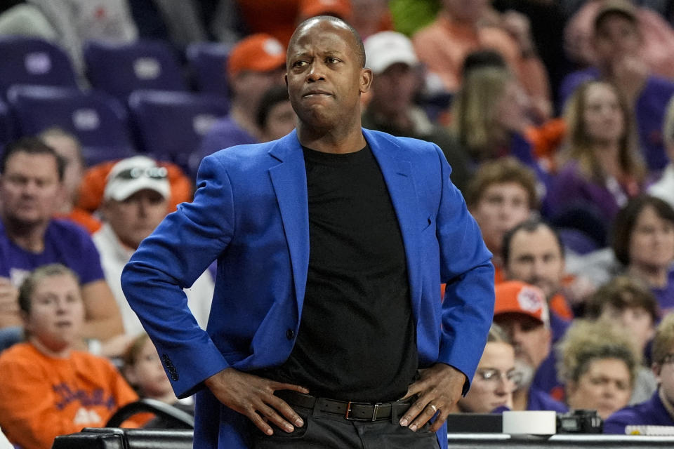 Boston College head coach Earl Grant watches play against Clemson during the first half of an NCAA college basketball game, Saturday, Jan. 13, 2024, in Clemson, S.C. (AP Photo/Mike Stewart)