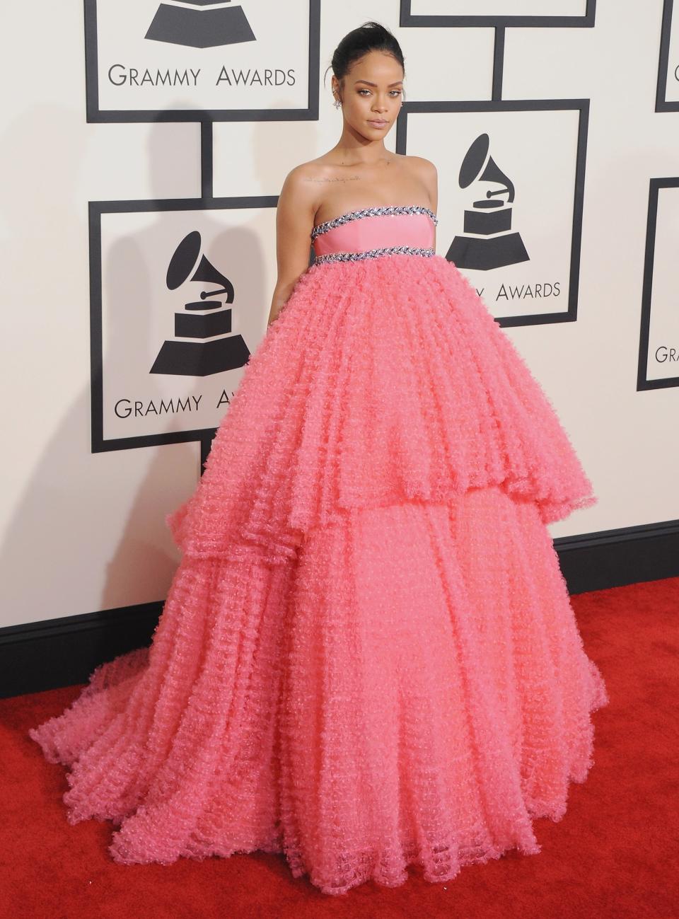 Rihanna at the 2015 Grammys wearing Giambattista Valli