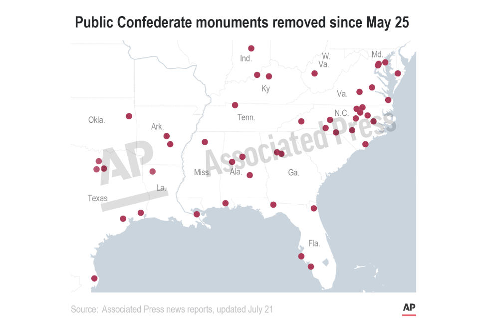 This preview image of an AP digital embed shows the locations of Confederate memorials that have been removed since May 25, according to an AP tally. (AP Digital Embed)