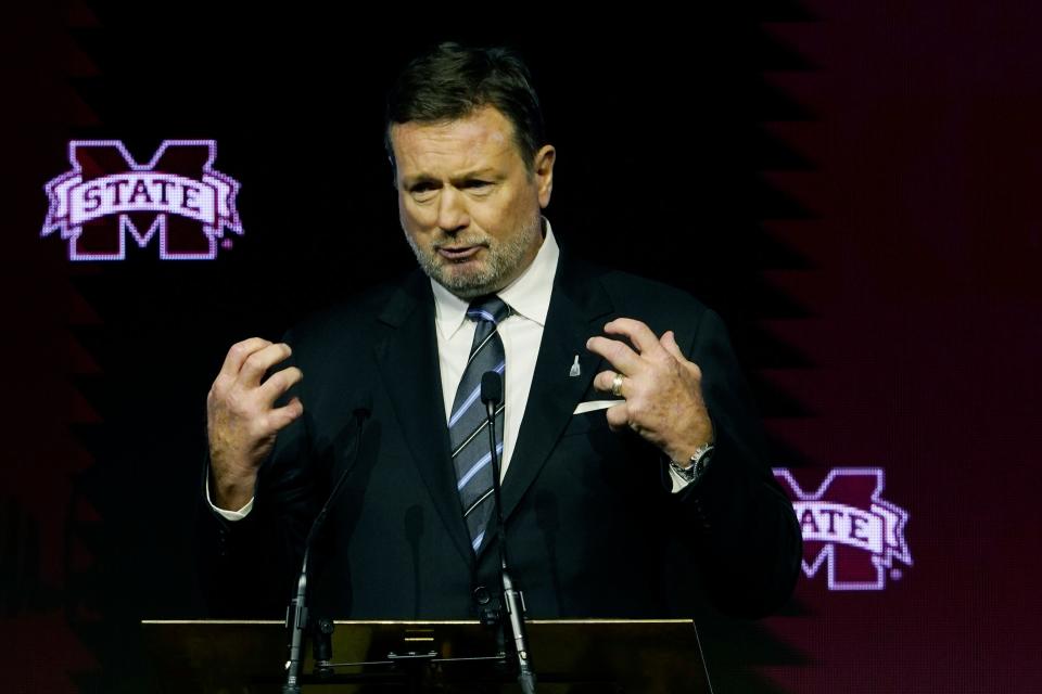 Former Oklahoma football coach Bob Stoops reflects tells a few stories about the impact of his relationship with the late Mississippi State head football coach Mike Leach, during his memorial service in Starkville, Miss., Tuesday, Dec. 20, 2022. Leach died, Dec. 12, 2022, from complications related to a heart condition at 61. He was in his third year as head coach. (AP Photo/Rogelio V. Solis)