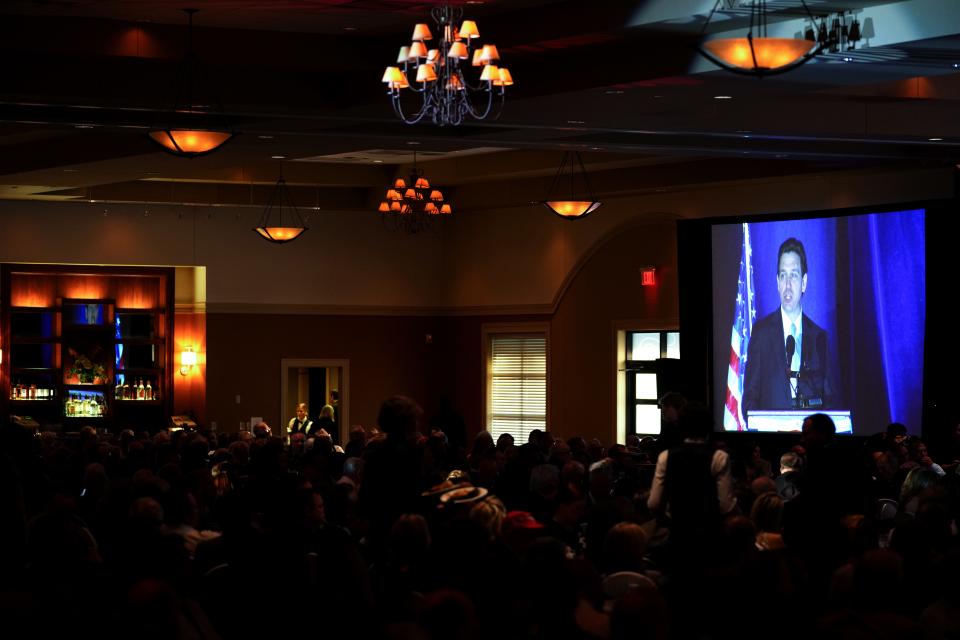 Florida Gov. Ron DeSantis delivers a speech before party members, headlining the Butler County GOP Lincoln Day dinner.