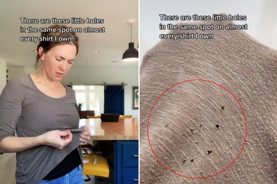 Stills from TikTok video about tiny holes in T-shirts