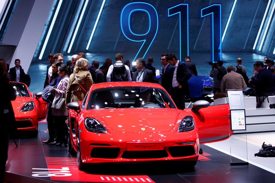 A new Porsche 718 Cayman T is displayed at the 89th Geneva International Motor Show in Geneva, Switzerland. Photo: Reuters/Denis Balibouse