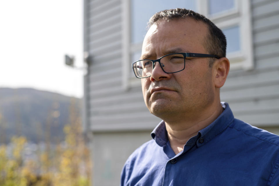 Uyghur Abduweli Ayup poses for a photo in his yard in Bergen, Norway on May 8, 2022. Data leaked to The Associated Press shows that in a single county in the Uyghur heartland of China, the imprisonment rate is by far the highest known in the world, over 30 times higher than the rest of China. Ayup obtained the list and saw that many of his friends and relatives had been sentenced to prison. (AP Photo/Paul Johannessen)