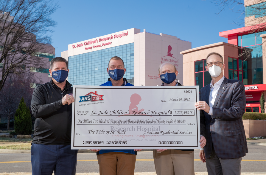 ARS/Rescue Rooter executives presented a $1.2 million donation to ALSAC, the fundraising and awareness organization for St. Jude Children’s Research Hospital. From left to right, Jim McMahon, senior vice president and CFO; Scott Boose, CEO; Chris Snow, senior vice president and chief human resources officer and Steele Ford, senior vice president relational, ALSAC.