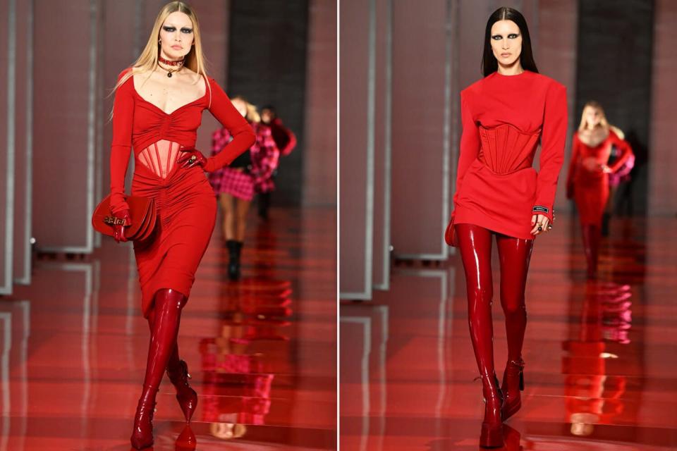 Gigi Hadid and Bella Hadid walk the runway at the Versace fashion show during the Milan Fashion Week Fall/Winter 2022/2023 on February 25, 2022 in Milan, Italy.
