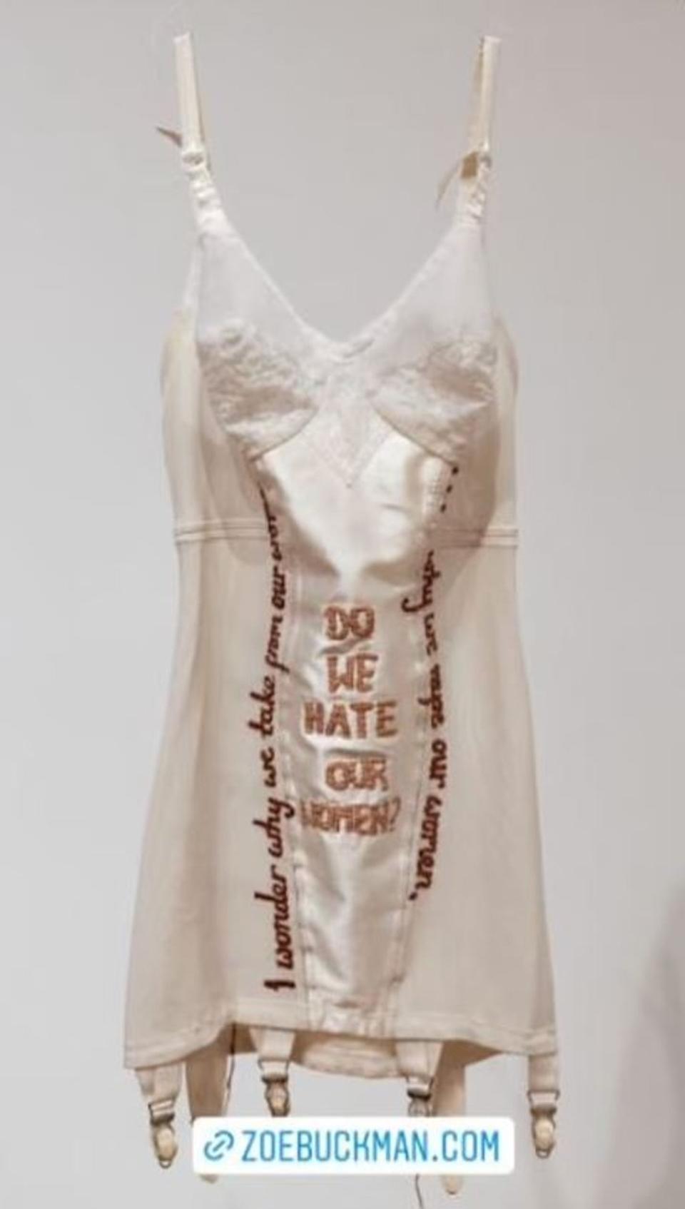 Thandwie Newton shared an image of an embroidered piece of underwear by artist Zoe Buckman (Thandwie Newton / Instagram)