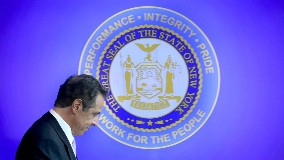New York State Governor Andrew Cuomo leaves the room after giving his daily coronavirus press briefing at New York Medical College on the campus of the Westchester Medical Center in Valhalla, N.Y. on May 7, 2020. 