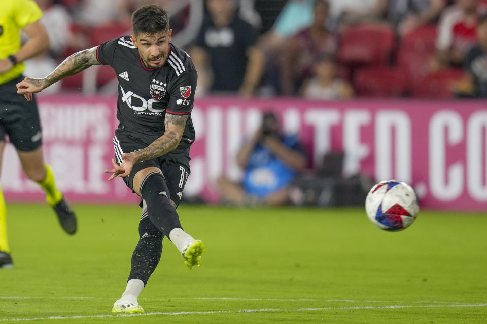 D.C. United forward Taxiarchis Fountas scores a goal during the second half of an MLS soccer match against Inter Miami, Saturday, July 8, 2023, in Washington. (AP Photo/Alex Brandon)