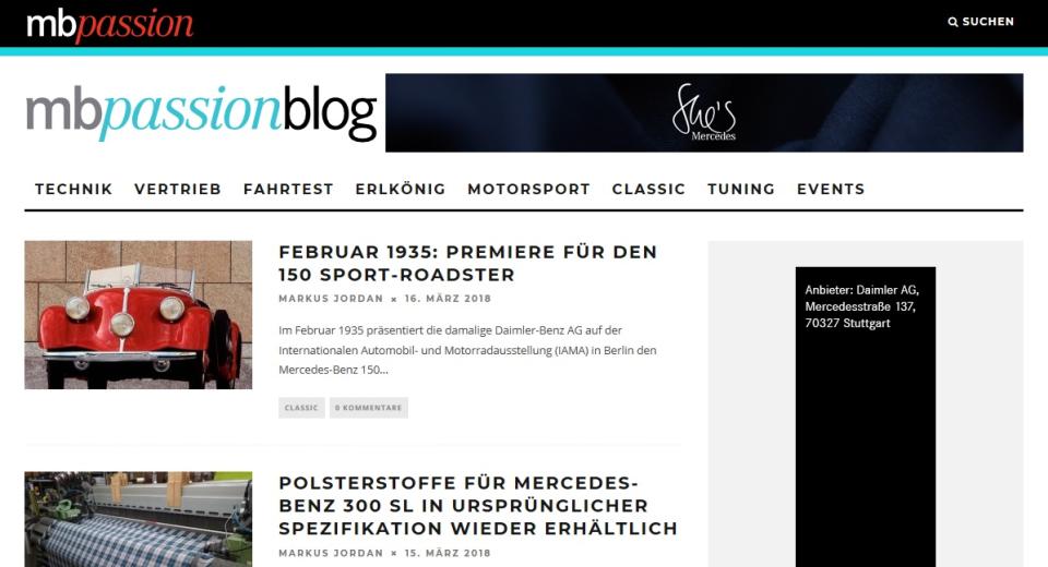 <p>Den ersten Rang sichert sich ein Auto-Blog. Beim Unternehmensblog von Mercedes Benz gibt es Ankündigungen zu neuen Produkten, aber auch beispielsweise Pflegetipps für das eigene Auto. Am Tag werden rund drei Beiträge veröffentlicht. (Foto: http://blog.mercedes-benz-passion.com/) </p>