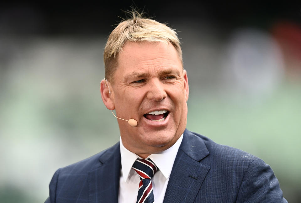 Fox Sports commentator Shane Warne (pictured) speaking during broadcast.