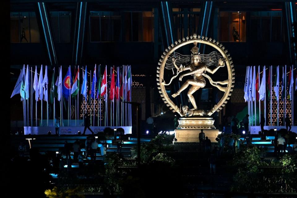 PHOTO: The 27-feet tall bronze figurine statue 'Nataraja' is installed at a G20 India summit venue, Sept. 6, 2023, in New Delhi. (Arun Sankar/AFP via Getty Images)