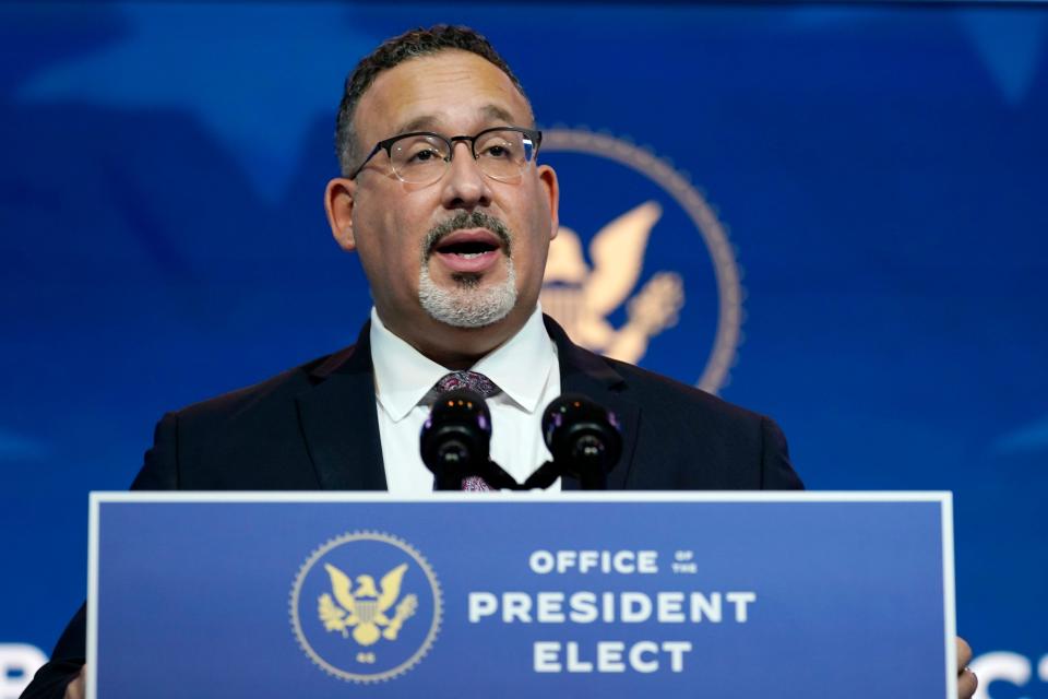 Miguel Cardona, President-elect Joe Biden's nominee for secretary of Education, speaks after being introduced at The Queen Theater in Wilmington, Delaware, Wednesday, Dec. 23, 2020.