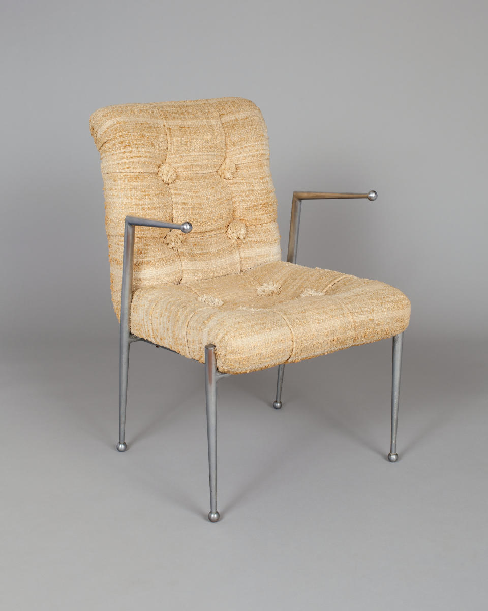 Armchair, Chicago, Illinois, 1938; Designed by Donald Deskey (American, 1894–1989); Manufactured by Royal Metal Manufacturing Company; Upholstery designed by Dorothy Liebes (American, 1897–1972); Chrome­-plated metal and upholstered fabric; Art Institute of Chicago, Gift of Mrs. Florene M. Schoenborn, 1970.1217.1­2; Photo: The Art Institute of Chicago / Art Resource, NY.