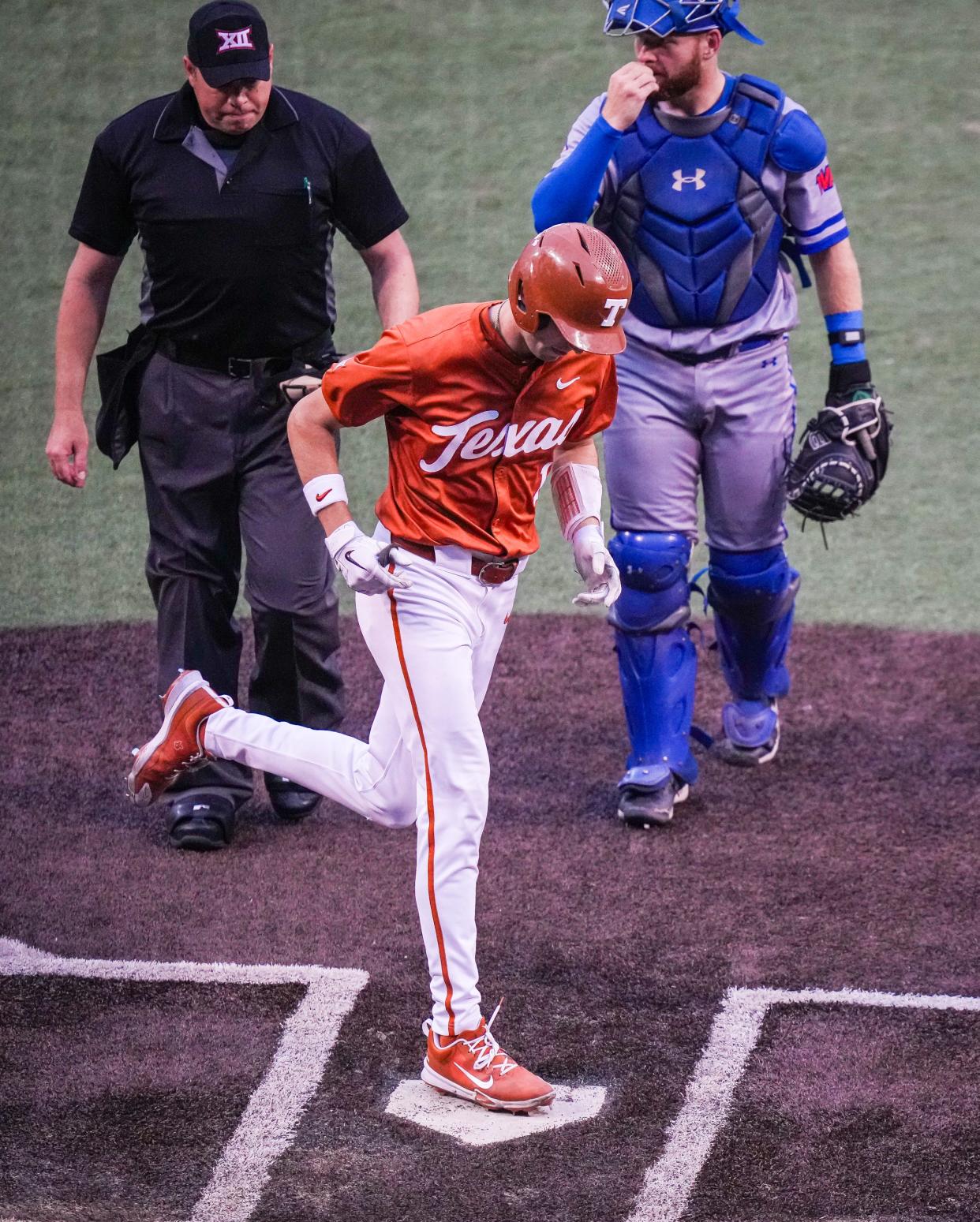 Texas' Jalin Flores crosses home plate after hitting a home run against UT-Arlington at UFCU Disch-Falk Field on April 23. He leads the team with 15 homers, and the Longhorns as a whole have already hit 90 of them this season.