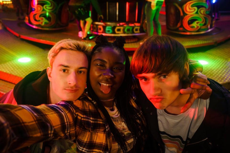 Eden H Davies as Jonny, Lauryn Ajufo as Neve and Spike Fearn as Louis (ITVX)