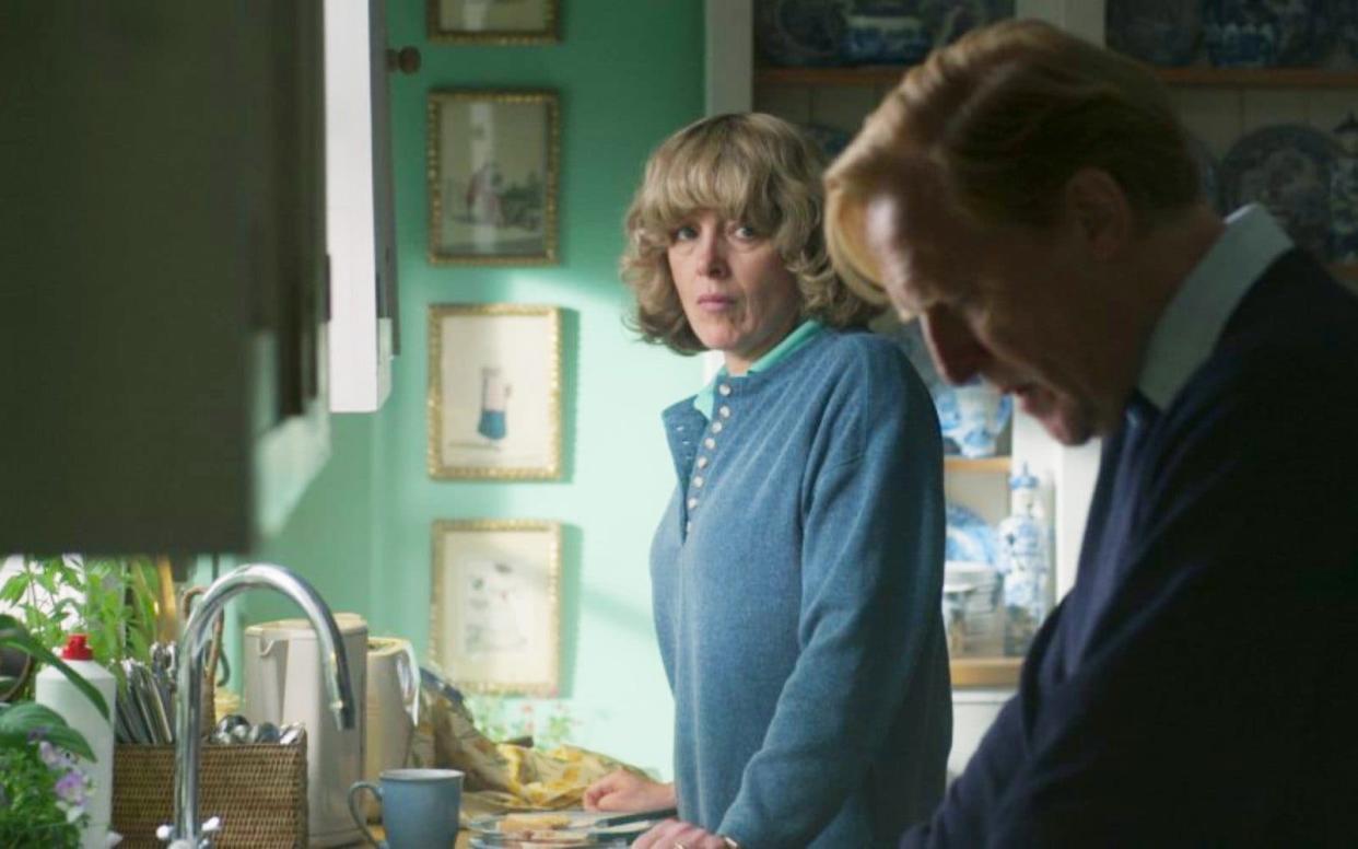 Olivia Williams and Daniel Flynn as Camilla and Andrew Parker Bowles - Netflix